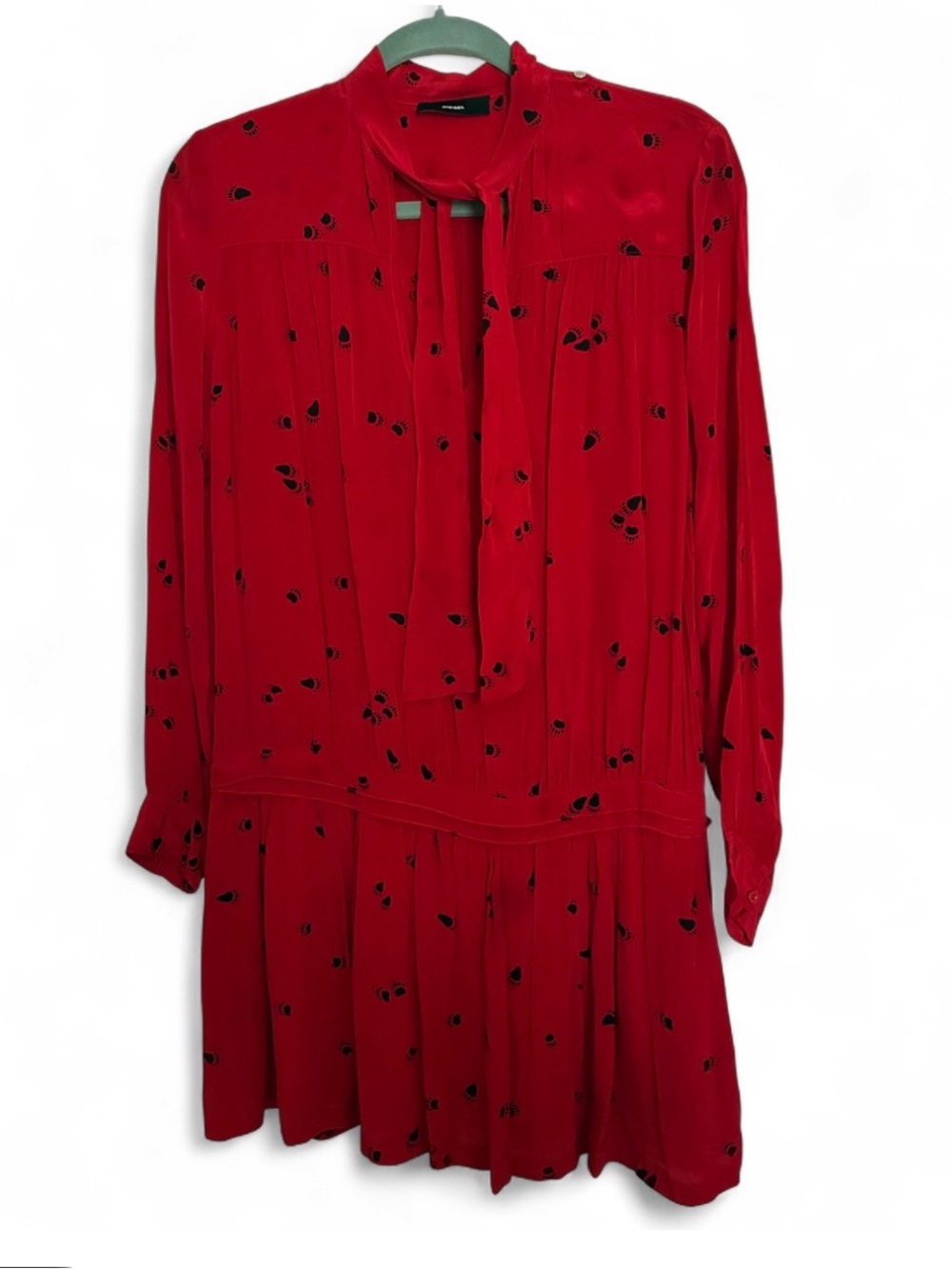 DIESEL Red Paw Print Long Sleeve Drop-waist Dress with Pockets - Small